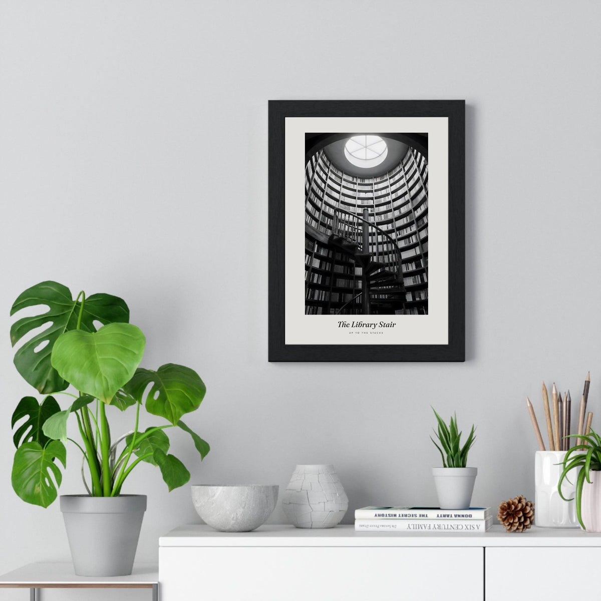 Library Spiral Staircase Print - Home Office Wall Art framed on a living room wall