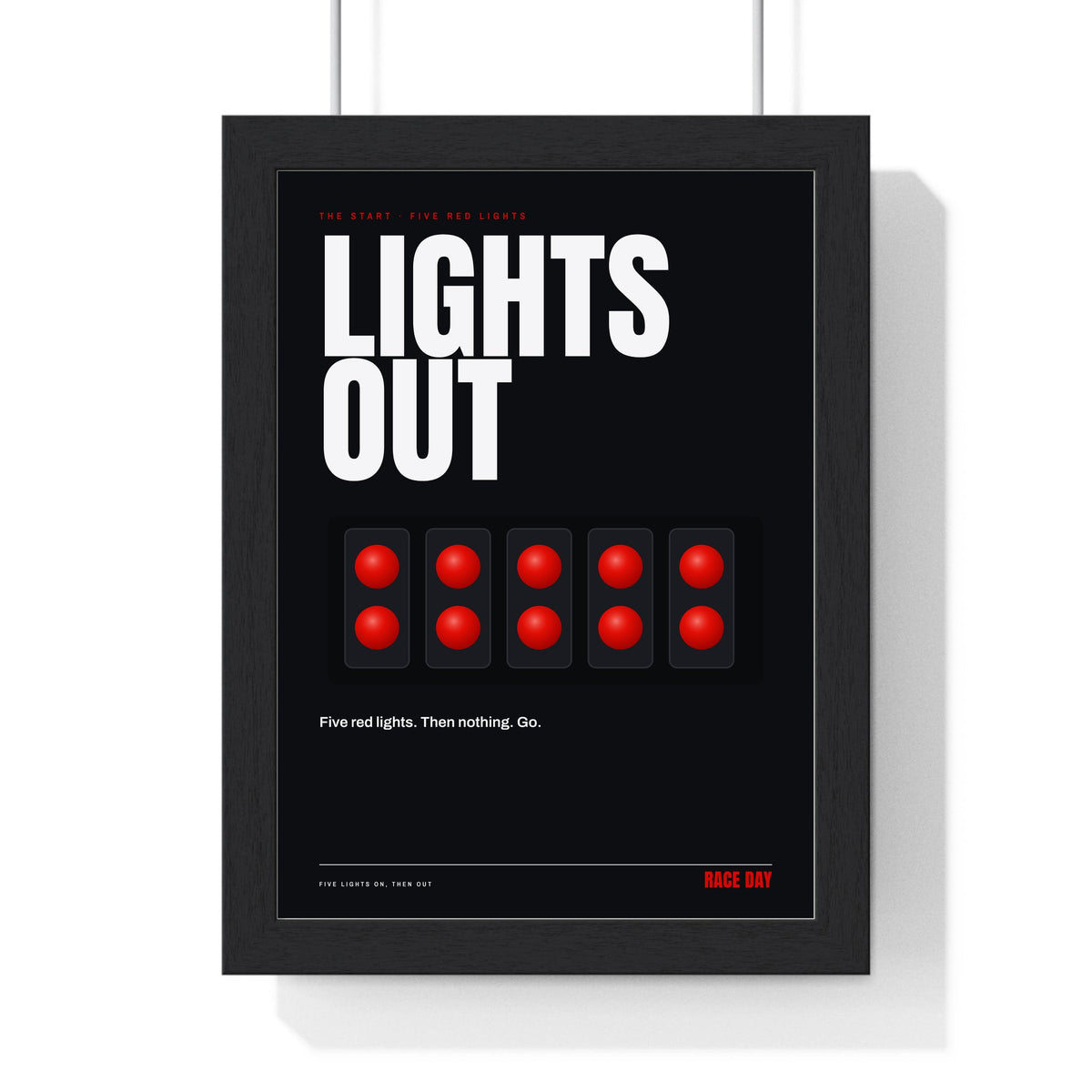 Lights Out Racing print framed in a black frame, ready to hang