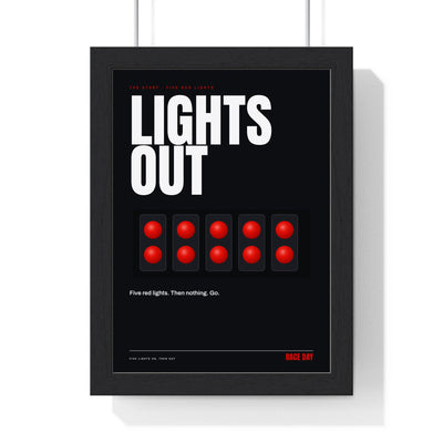Lights Out Racing print framed in a black frame, ready to hang