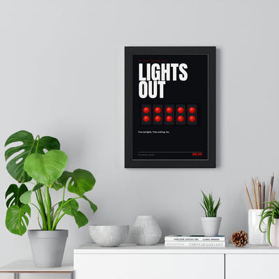 Lights Out Racing print framed on a living room wall
