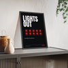 Lights Out Racing print framed and leaning on a sideboard