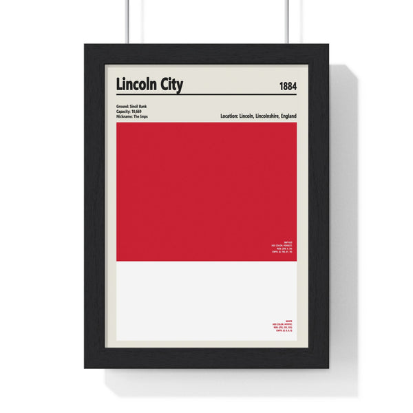 Framed Lincoln City colour swatch print showing red and white palette football wall art