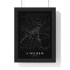 Lincoln street map poster in black, minimal city map print framed in a black frame