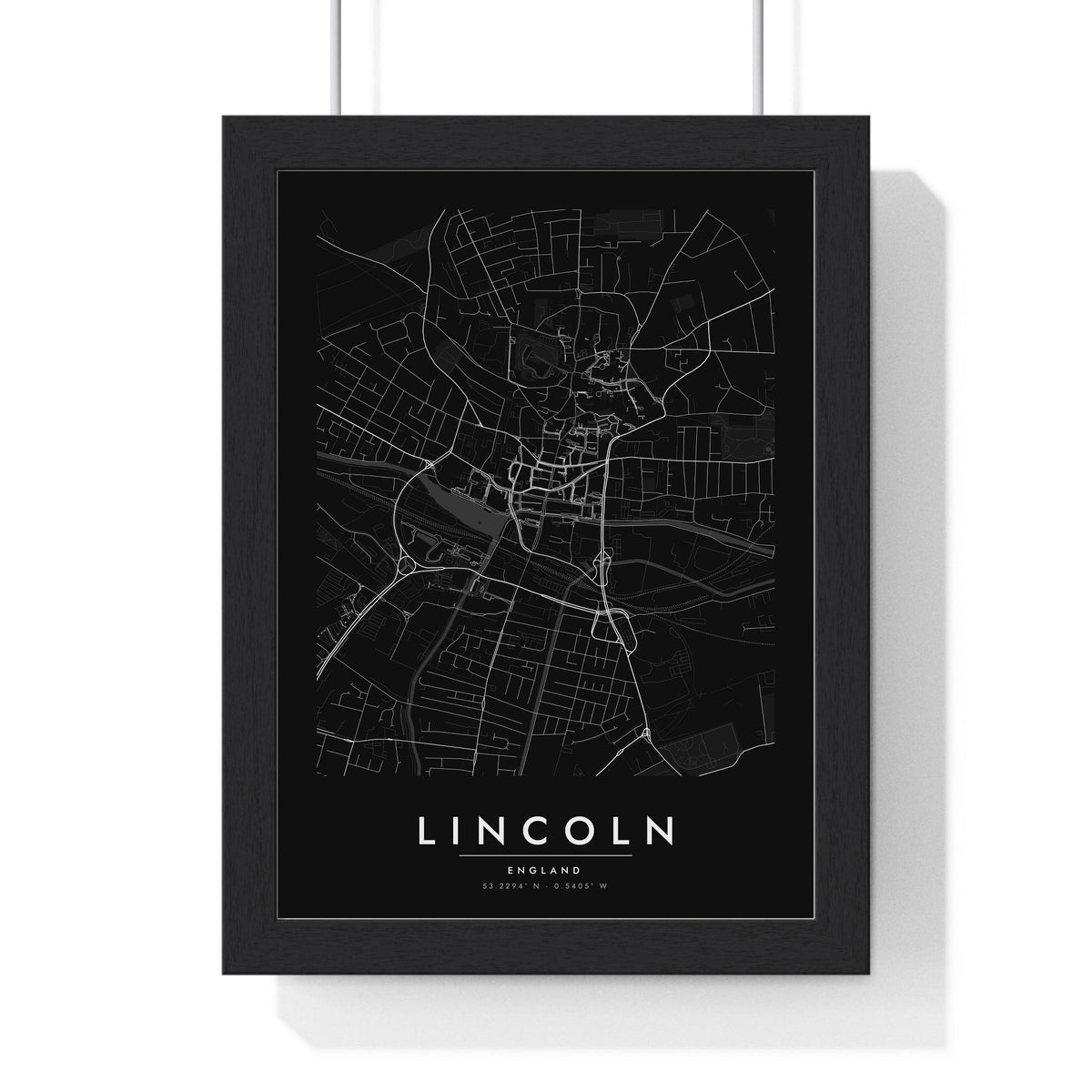 Lincoln street map poster in black, minimal city map print framed in a black frame