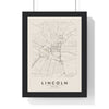 Lincoln street map poster in cream, minimal city map print framed in a black frame