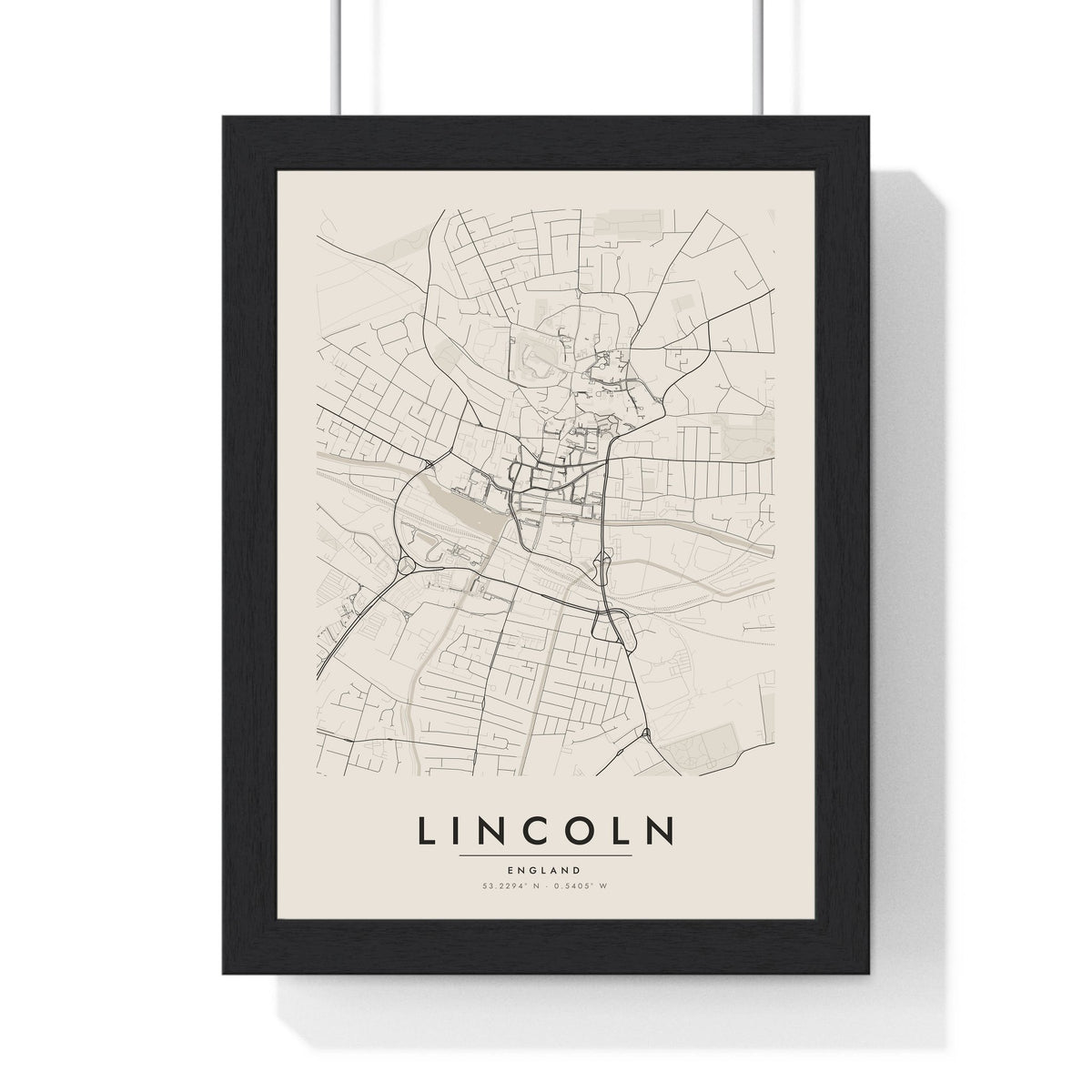 Lincoln street map poster in cream, minimal city map print framed in a black frame