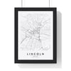 Lincoln street map poster in white, minimal city map print framed in a black frame