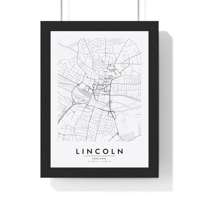 Lincoln street map poster in white, minimal city map print framed in a black frame