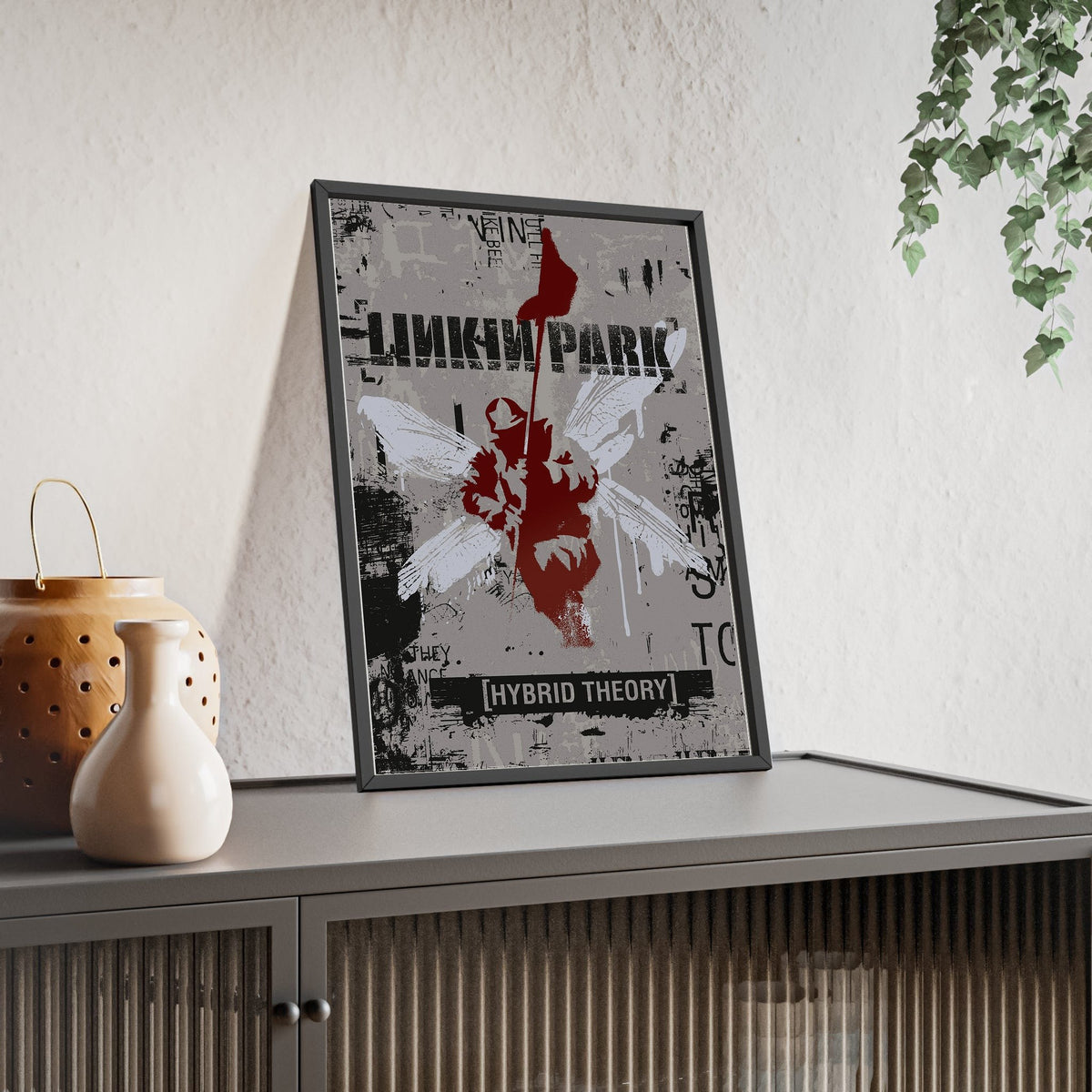 Linkin Park Hybrid Theory Maxi Poster framed and leaning on a sideboard