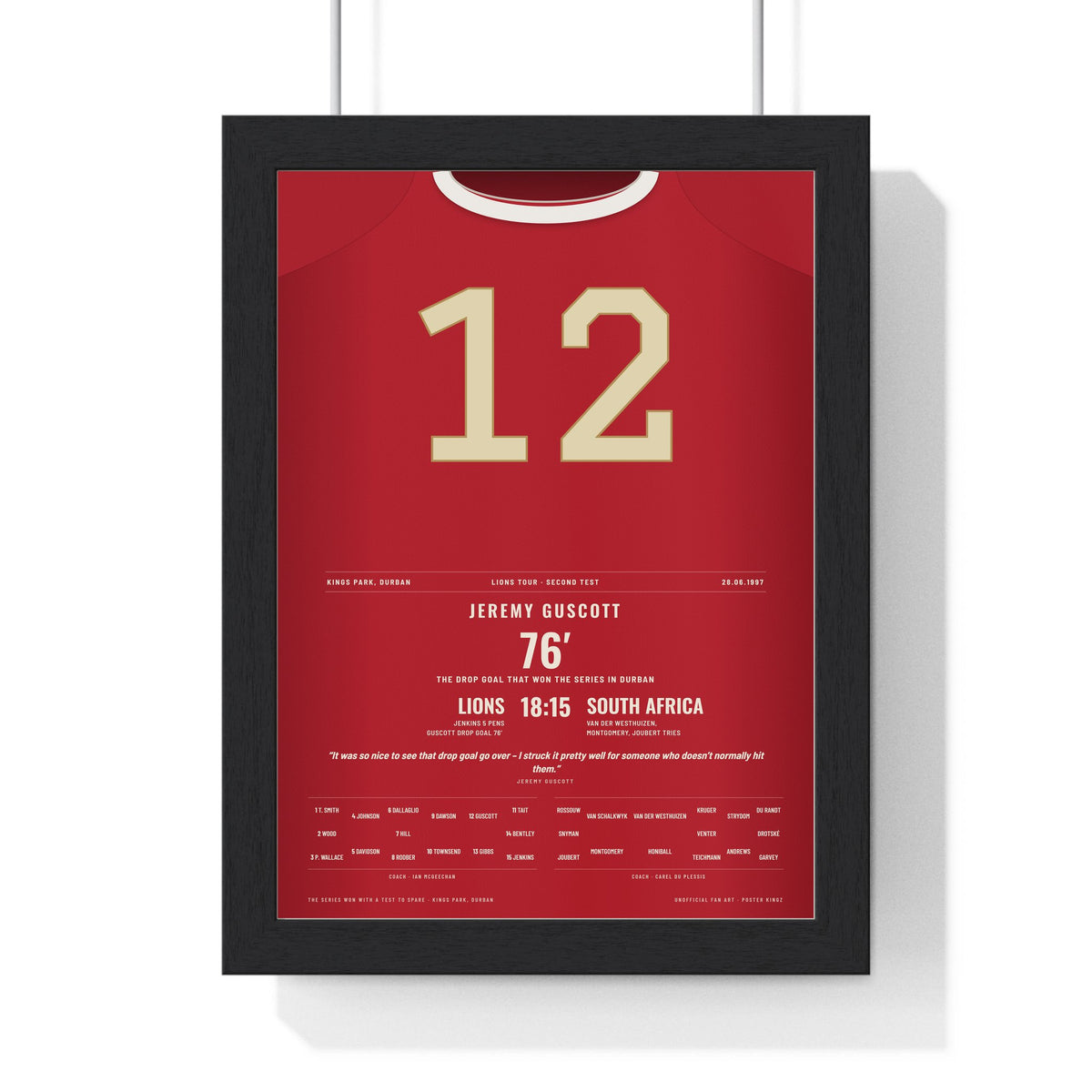 British & Irish Lions 1997 Poster - Jeremy Guscott 12 Drop Goal Durban Series Win Rugby Print framed in a black frame, ready to hang