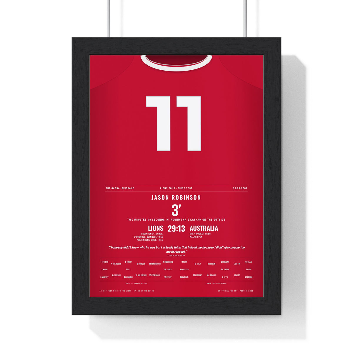 British & Irish Lions 2001 Poster - Jason Robinson 11 Try v Australia Brisbane Rugby Print framed in a black frame, ready to hang