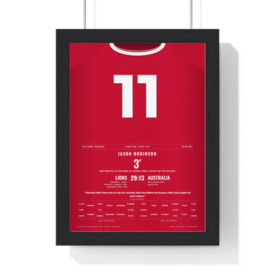 British & Irish Lions 2001 Poster - Jason Robinson 11 Try v Australia Brisbane Rugby Print framed in a black frame, ready to hang