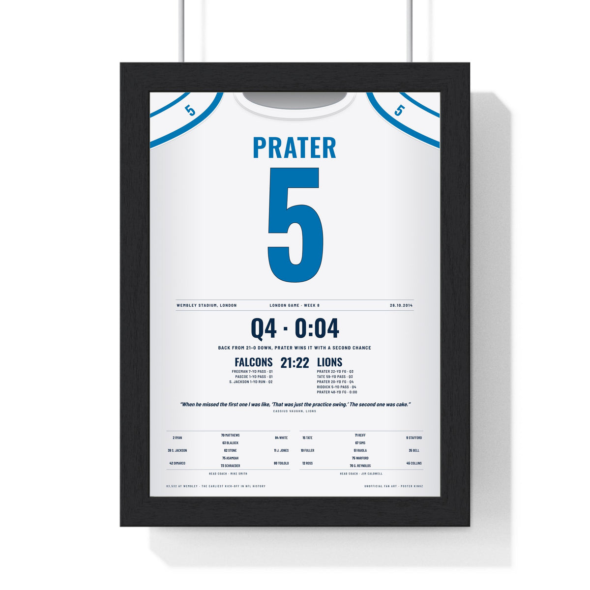 Detroit Lions London 2014 Poster - Matt Prater 5 Wembley Game-Winner Jersey Print framed in a black frame, ready to hang