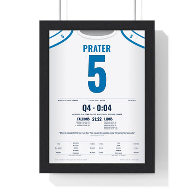 Detroit Lions London 2014 Poster - Matt Prater 5 Wembley Game-Winner Jersey Print framed in a black frame, ready to hang