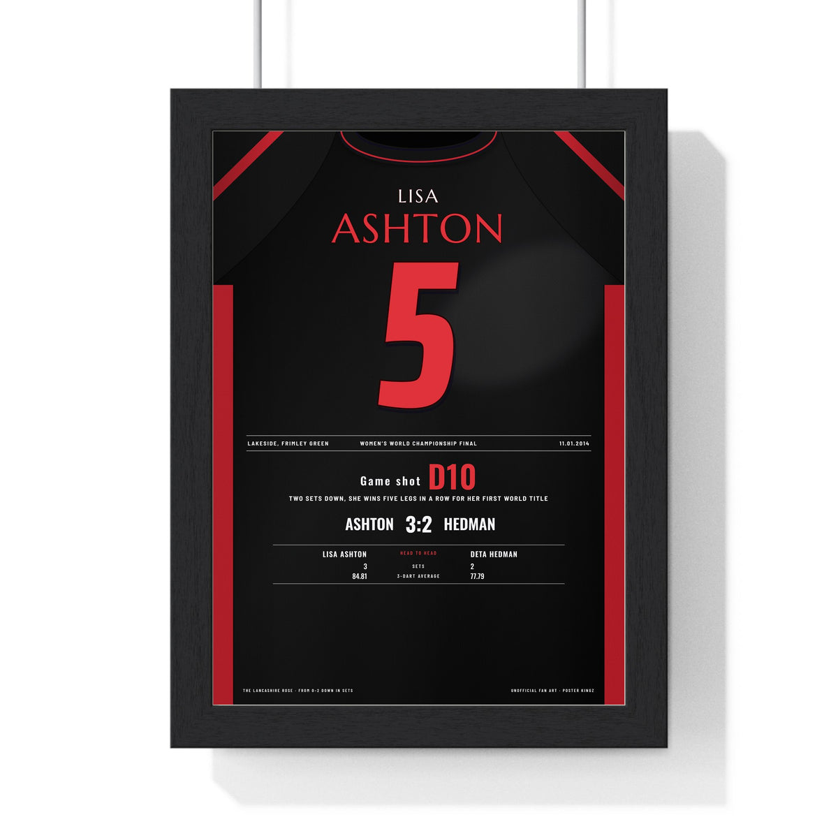 Lisa Ashton Women's World Darts Final 2014 Darts Poster - 3-2 Comeback Shirt Print framed in a black frame, ready to hang