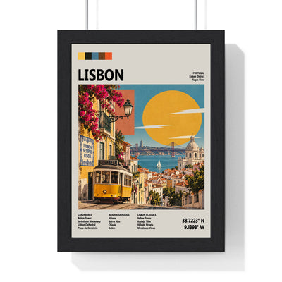Lisbon Mid Century Travel print framed in a black frame, ready to hang