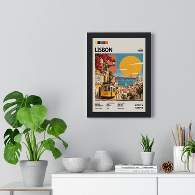 Lisbon Mid Century Travel print framed on a living room wall