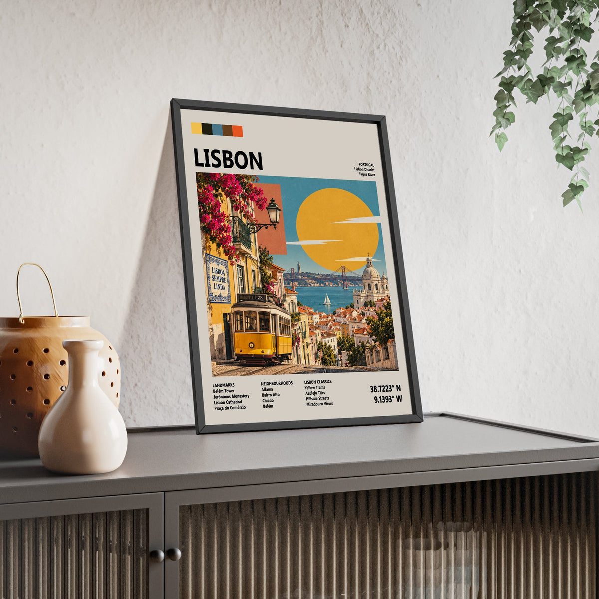 Lisbon Mid Century Travel print framed and leaning on a sideboard
