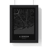 Lisbon street map poster in black, minimal city map print framed in a black frame