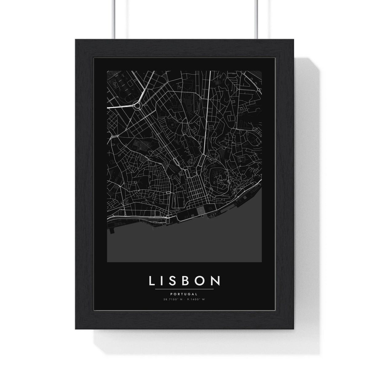 Lisbon street map poster in black, minimal city map print framed in a black frame