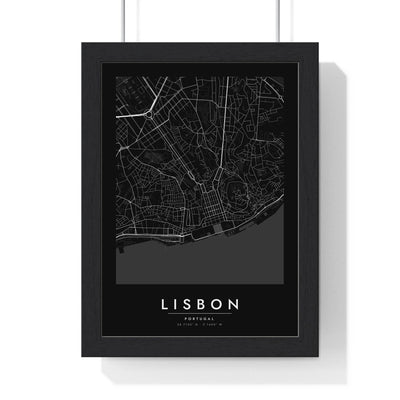 Lisbon street map poster in black, minimal city map print framed in a black frame