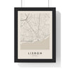 Lisbon street map poster in cream, minimal city map print framed in a black frame