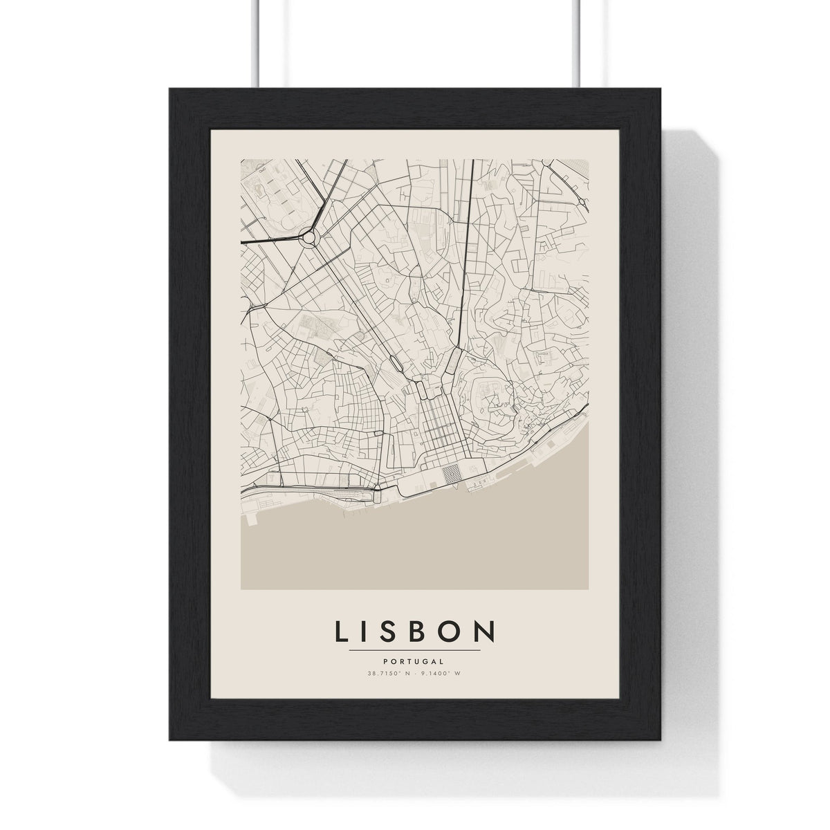 Lisbon street map poster in cream, minimal city map print framed in a black frame