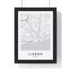 Lisbon street map poster in white, minimal city map print framed in a black frame