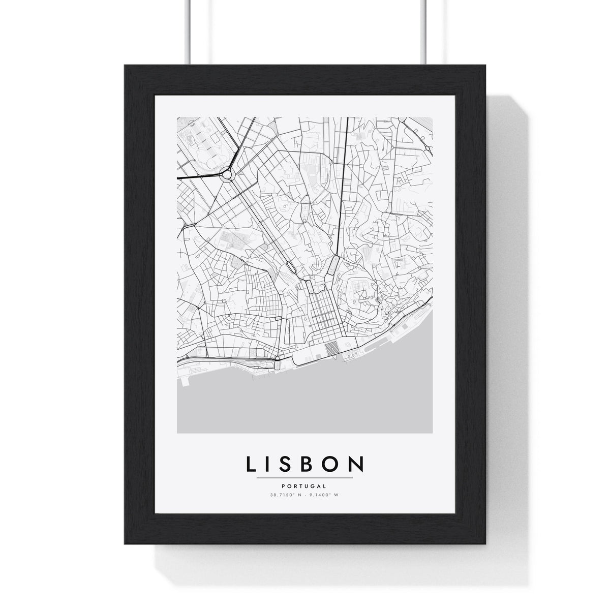 Lisbon street map poster in white, minimal city map print framed in a black frame