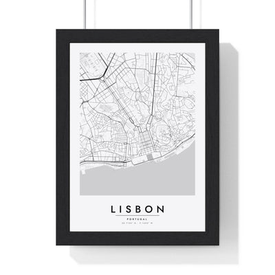 Lisbon street map poster in white, minimal city map print framed in a black frame