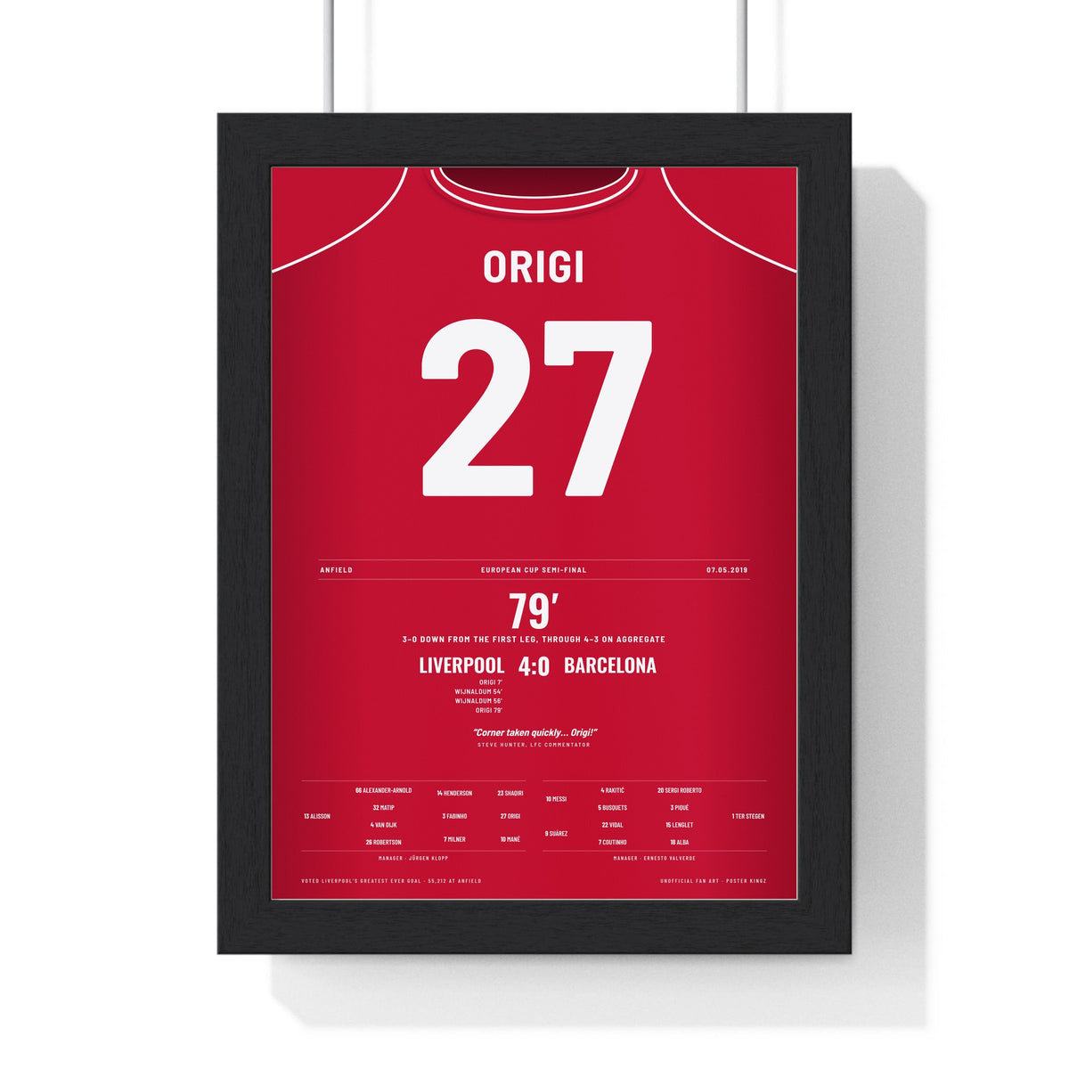 Liverpool 4-0 Barcelona Champions League 2019 Poster - Origi 27 Corner Taken Quickly framed in a black frame, ready to hang