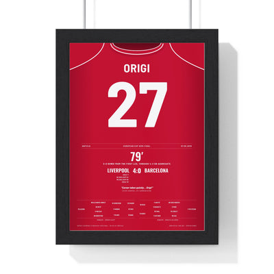 Liverpool 4-0 Barcelona Champions League 2019 Poster - Origi 27 Corner Taken Quickly framed in a black frame, ready to hang