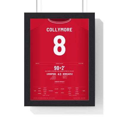 Liverpool 4-3 Classic 1996 Poster - Stan Collymore 8 Anfield Winner Shirt Print framed in a black frame, ready to hang