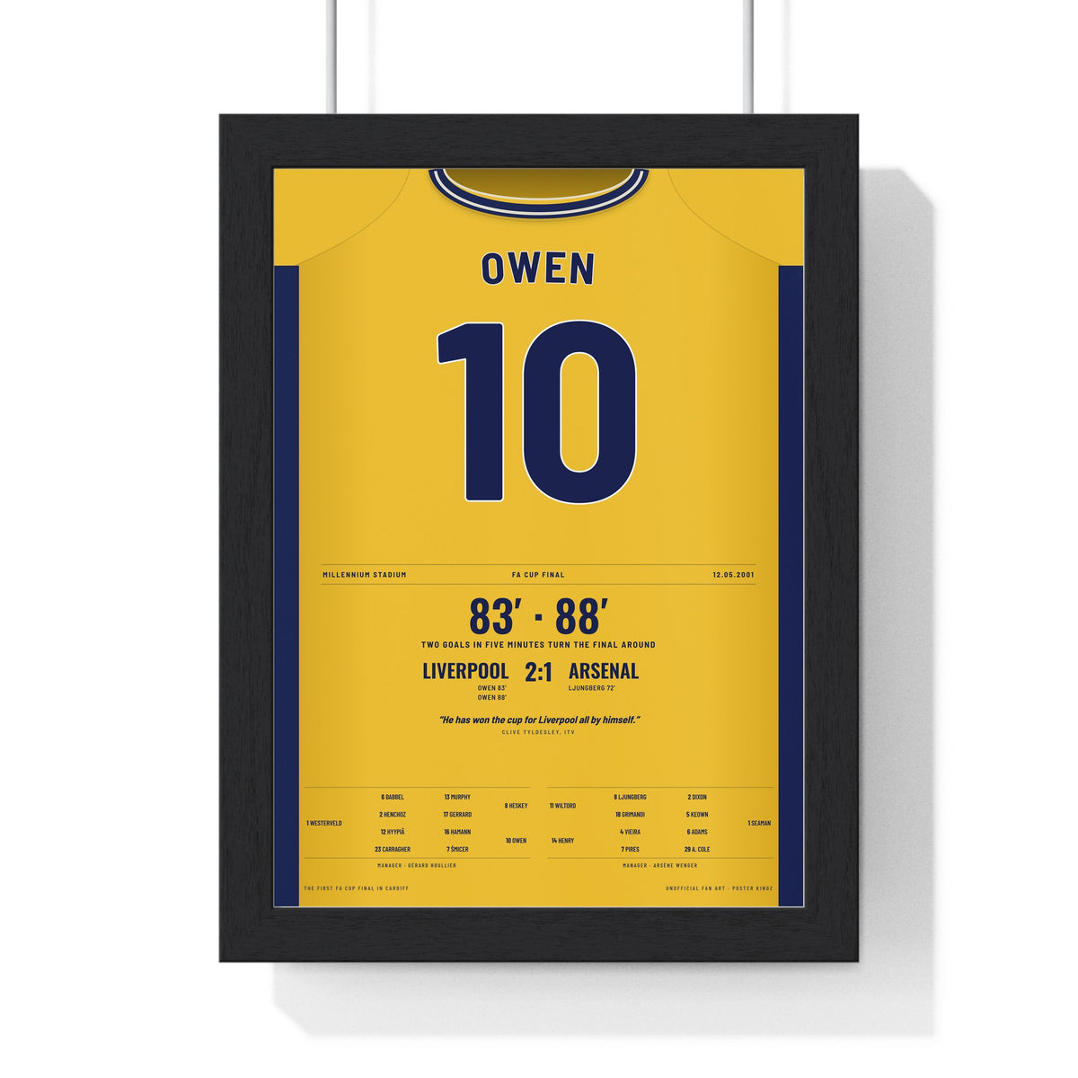Liverpool FA Cup Final 2001 Poster - Michael Owen 10 Cardiff Winner Shirt Print framed in a black frame, ready to hang