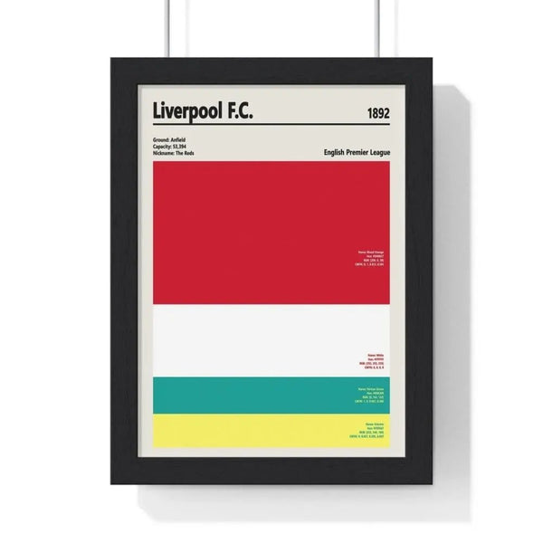 Liverpool FC colour swatch print framed in natural oak frame, showing red, white and blue team colours