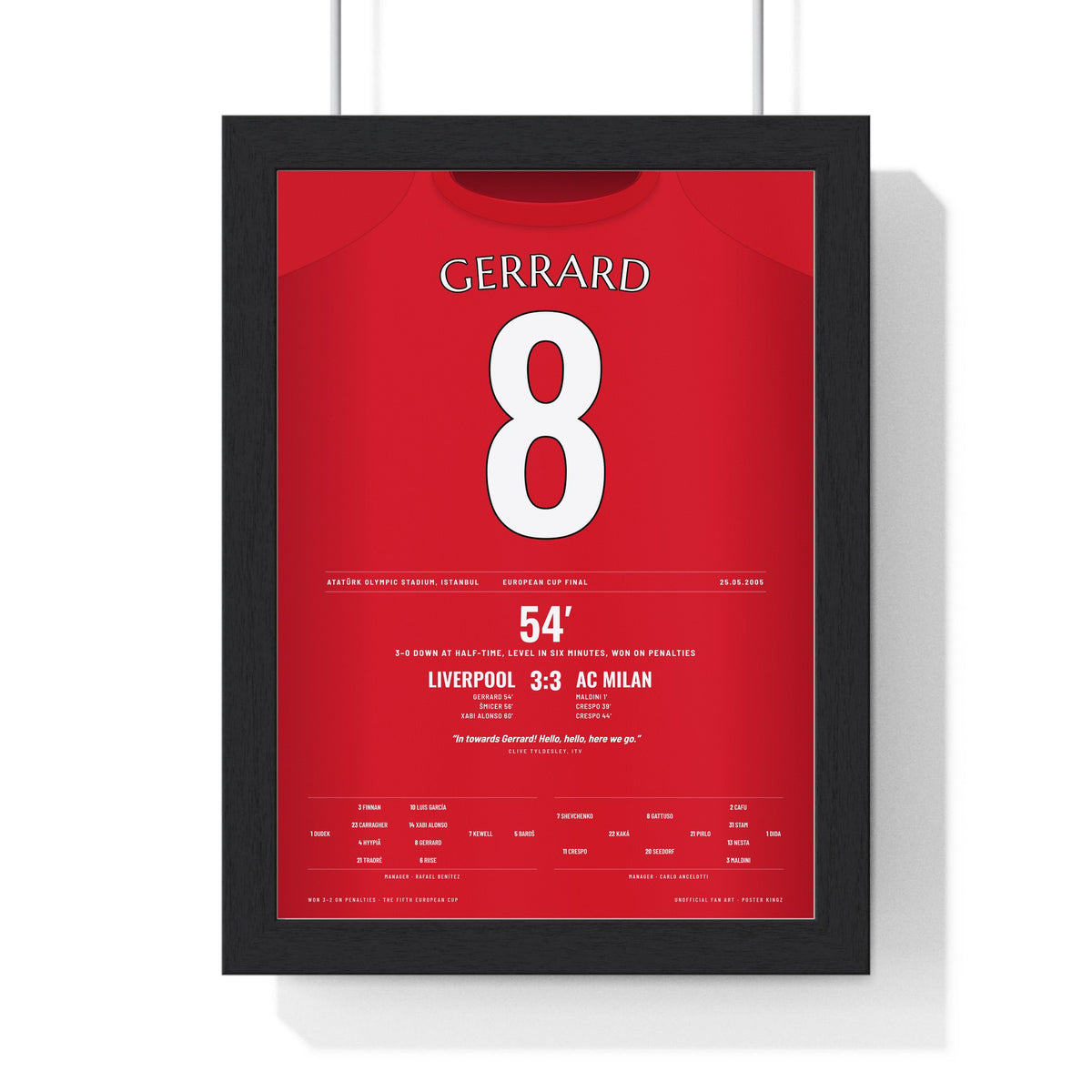Liverpool Gerrard 8 Istanbul 2005 Poster framed in a black frame, ready to hang