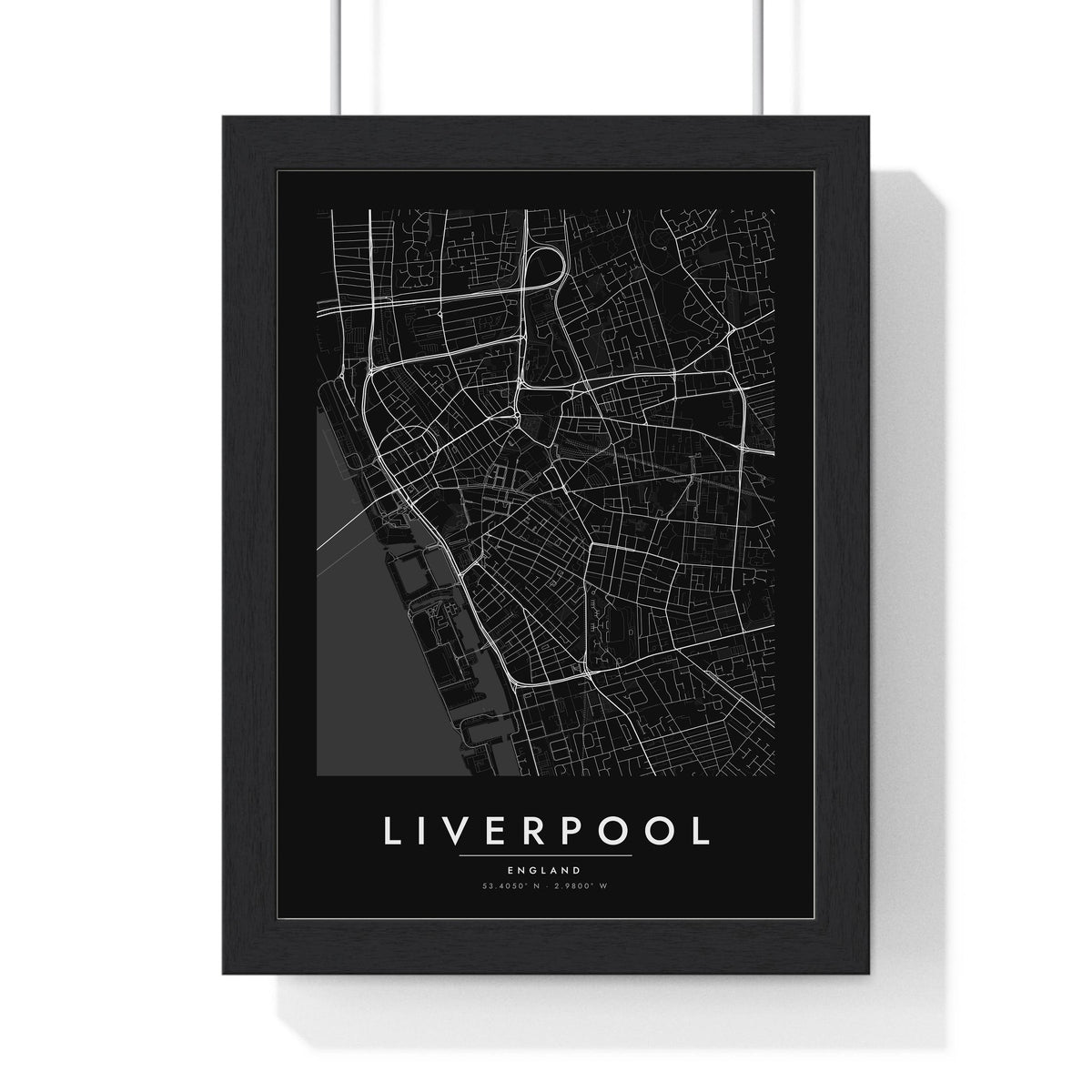 Liverpool street map poster in black, minimal city map print framed in a black frame