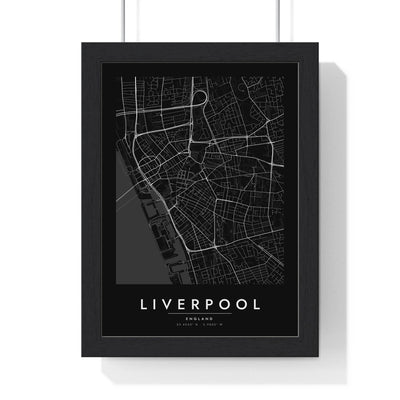 Liverpool street map poster in black, minimal city map print framed in a black frame