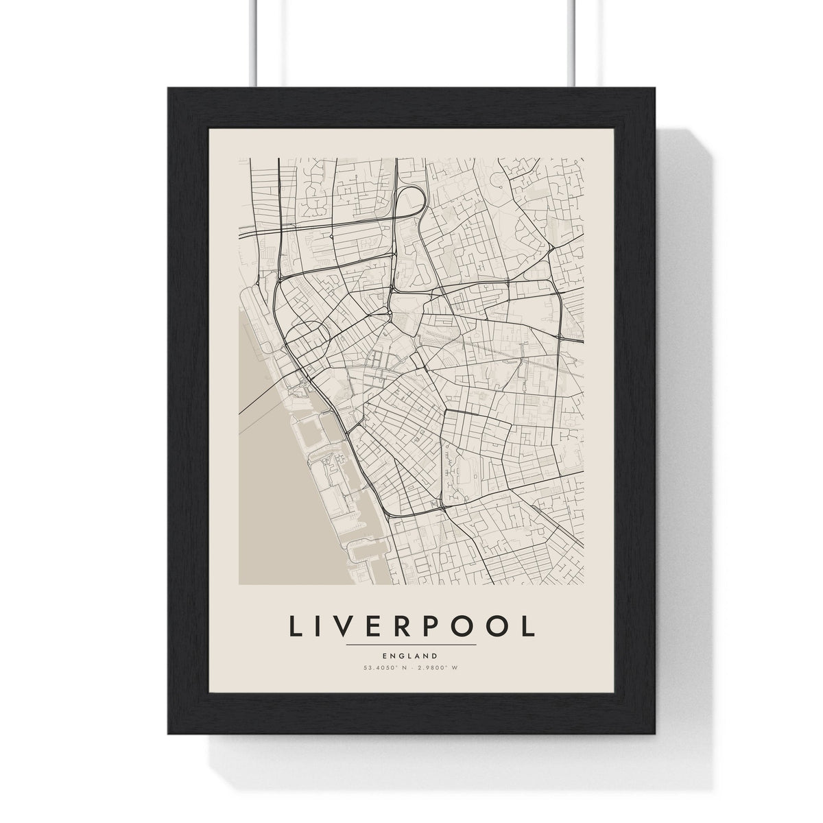 Liverpool street map poster in cream, minimal city map print framed in a black frame