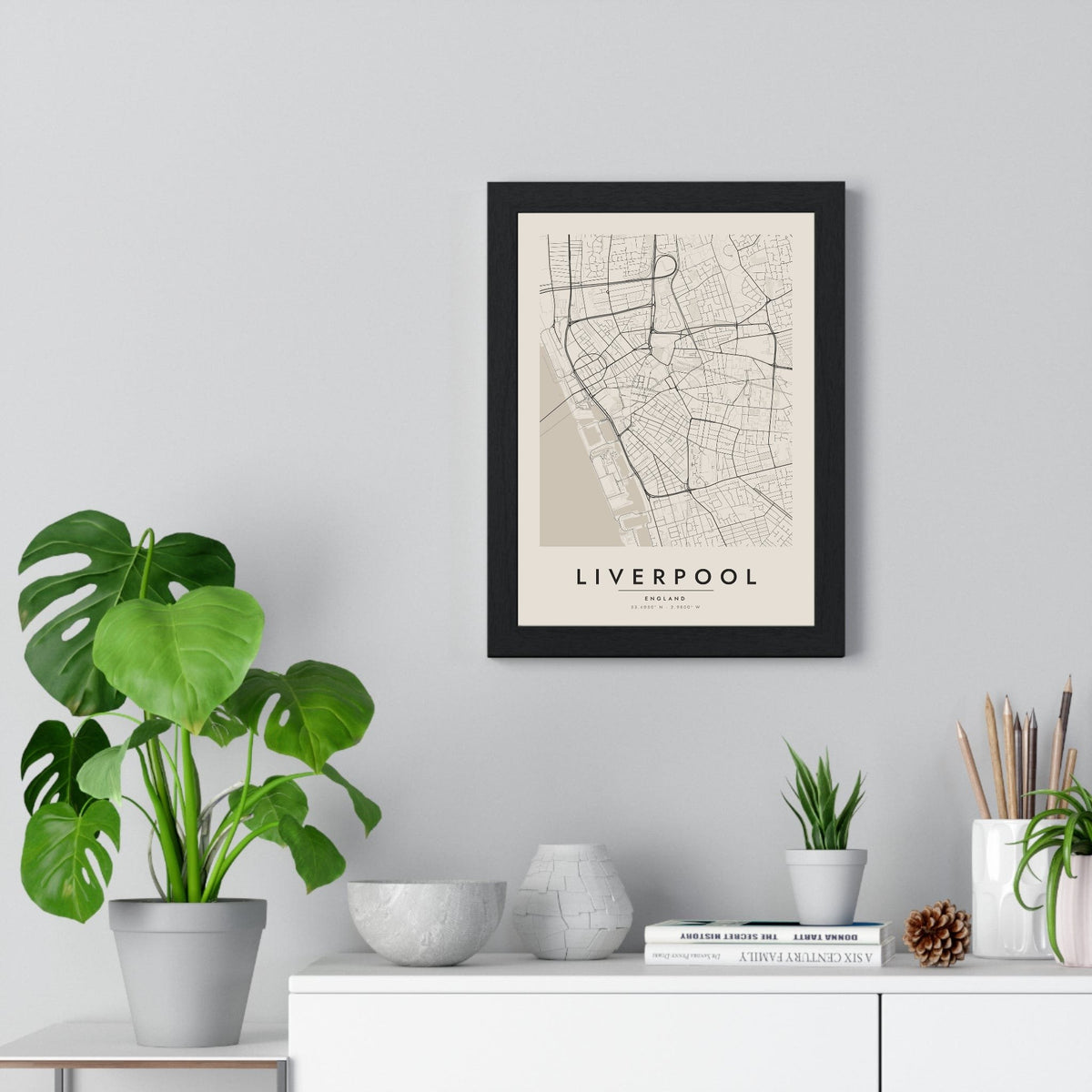 Liverpool street map poster in cream, minimal city map print framed on a living room wall