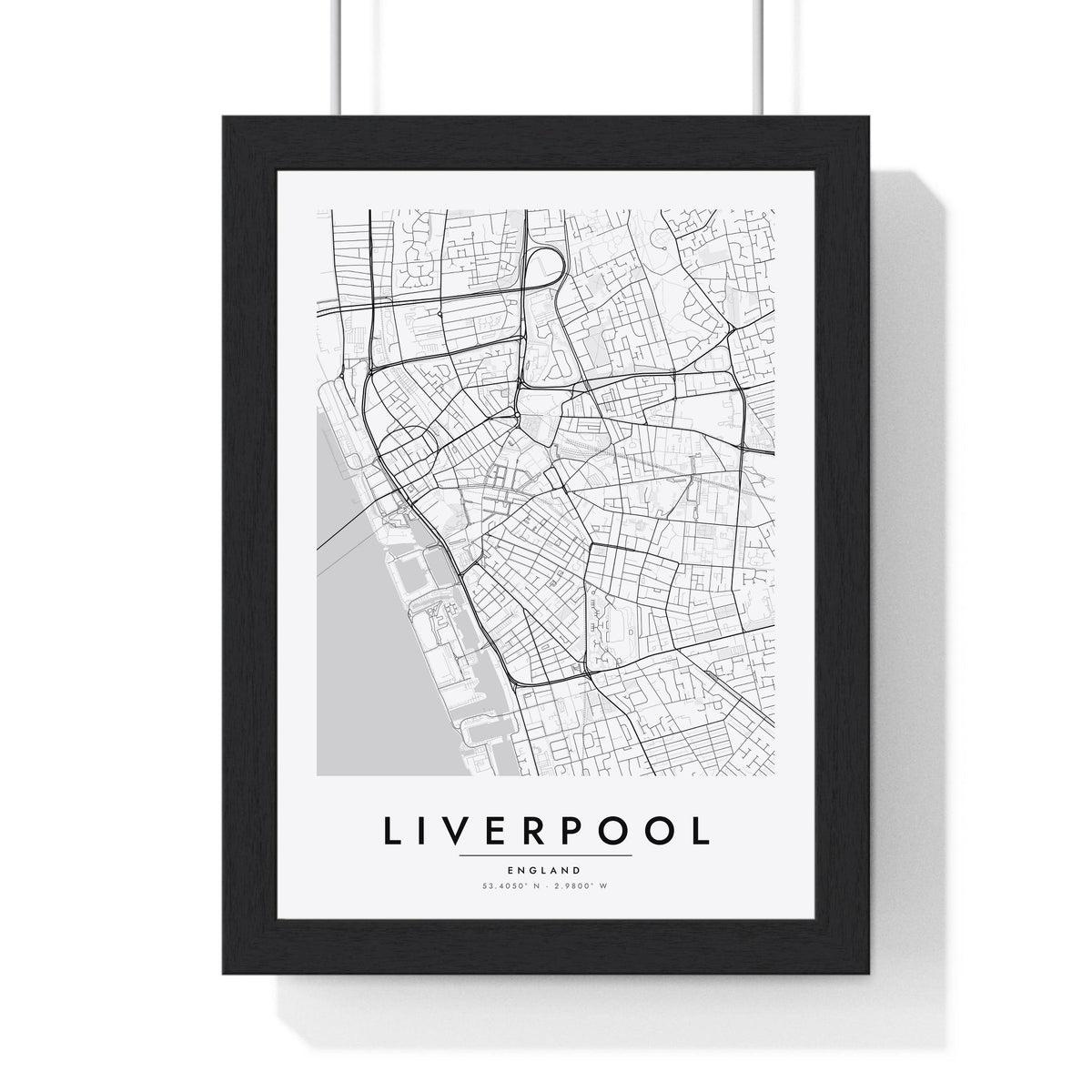 Liverpool street map poster in white, minimal city map print framed in a black frame