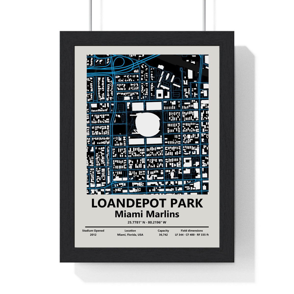 loanDepot park map print framed in a black frame, ready to hang