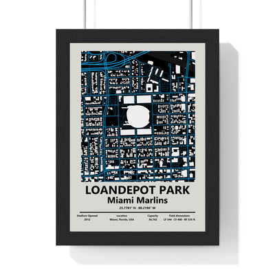 loanDepot park map print framed in a black frame, ready to hang
