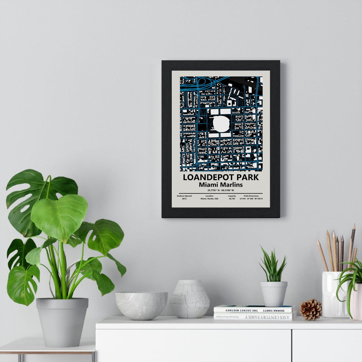loanDepot park map print framed on a living room wall