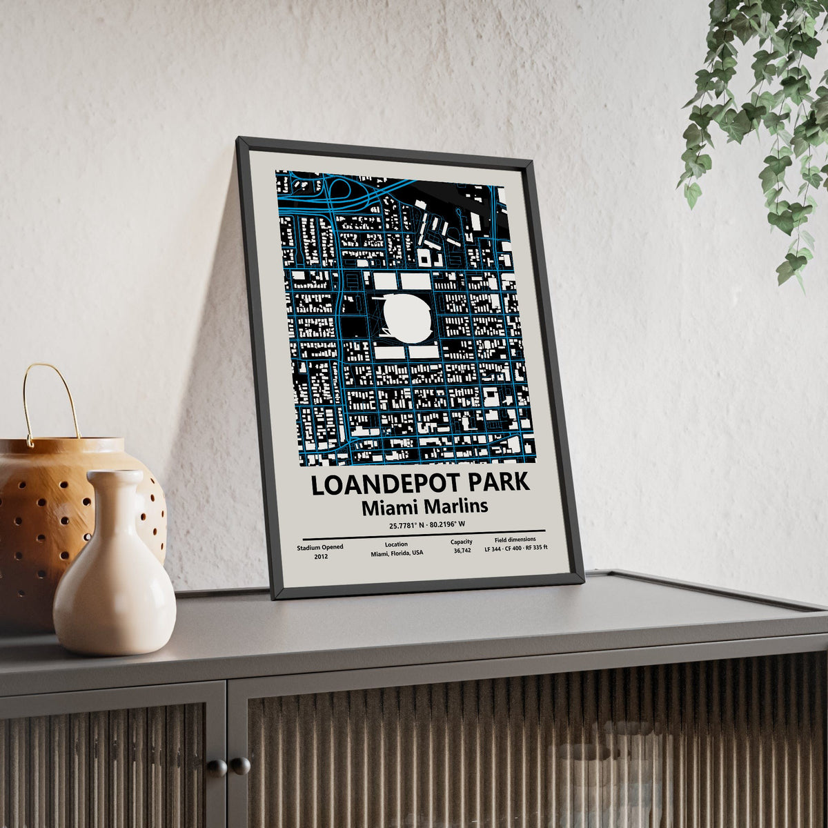 loanDepot park map print framed and leaning on a sideboard