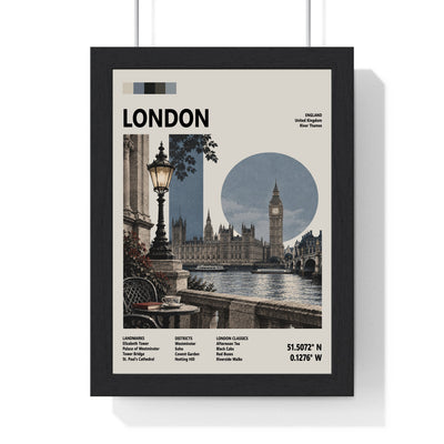 London Mid Century Travel print framed in a black frame, ready to hang