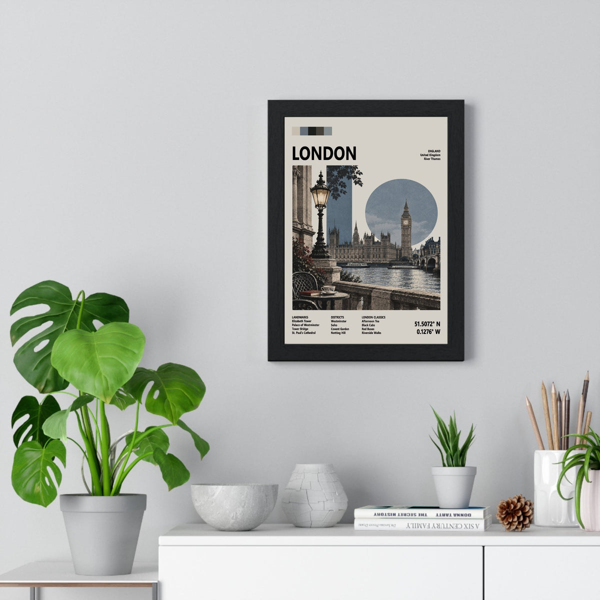 London Mid Century Travel print framed on a living room wall