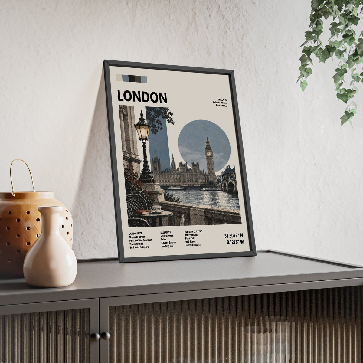 London Mid Century Travel print framed and leaning on a sideboard