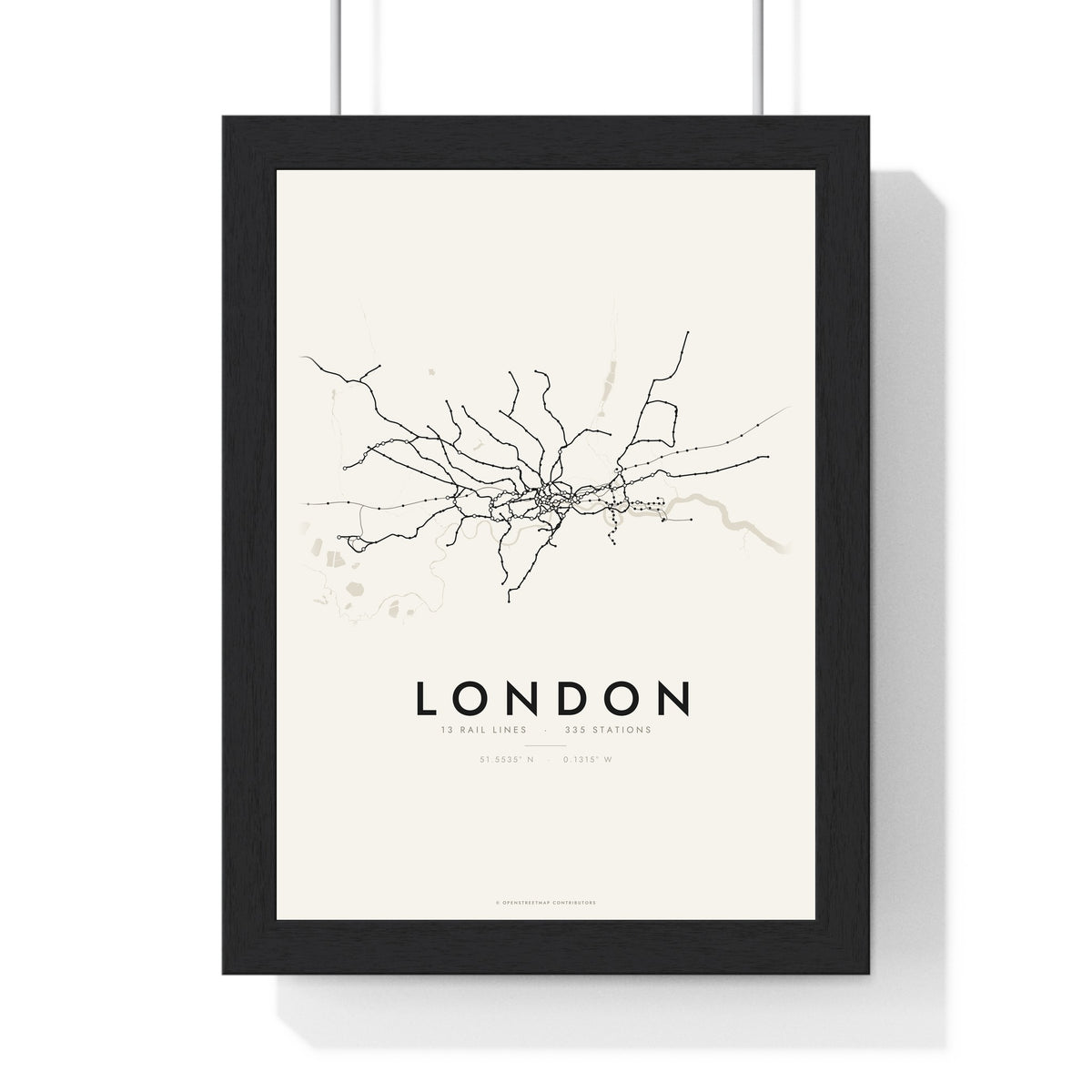 London Rail Lines Map Print - framed minimal London rail lines map print, black lines on cream paper