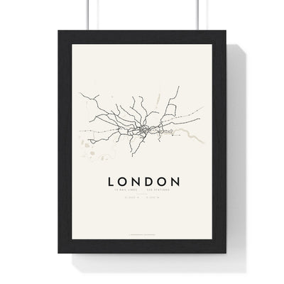 London Rail Lines Map Print - framed minimal London rail lines map print, black lines on cream paper